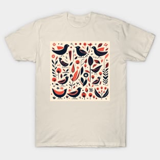 Retro Birds and Plants pattern T-Shirt